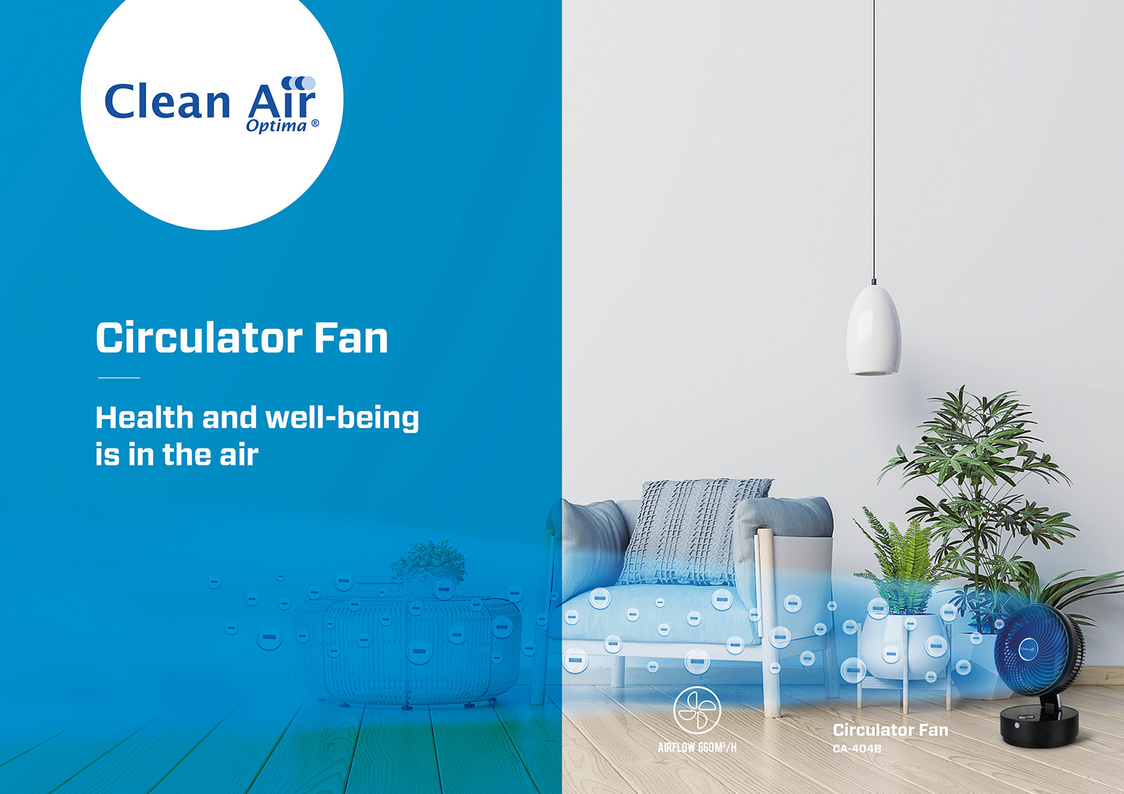 Une publicité pour un ventilateur de circulation. Elle montre un salon avec un ventilateur, un canapé, des plantes et une suspension.