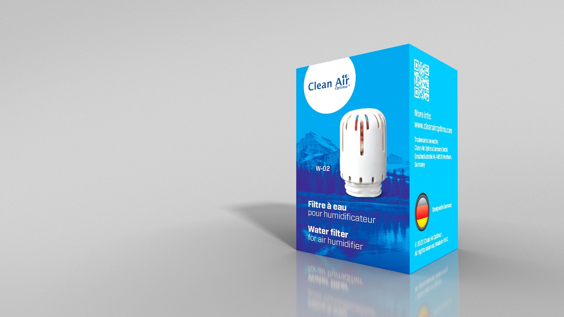 A blue box displays a white water filter. Text includes 'Clean Air Optima,' 'W-02,' and 'Water filter for air humidifier.'