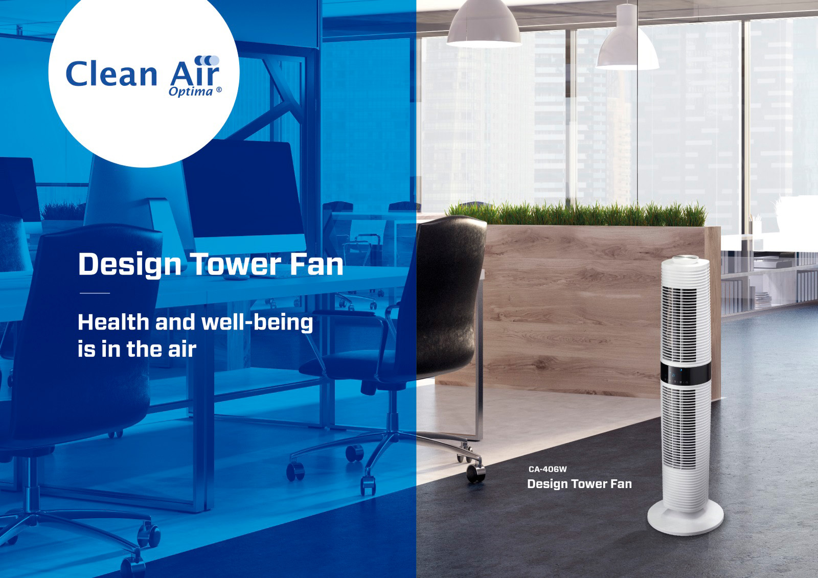 Un cadre de bureau montre un ventilateur tour. Le côté gauche est bleu et comporte des bureaux. Le côté droit montre le ventilateur et un mur en bois.