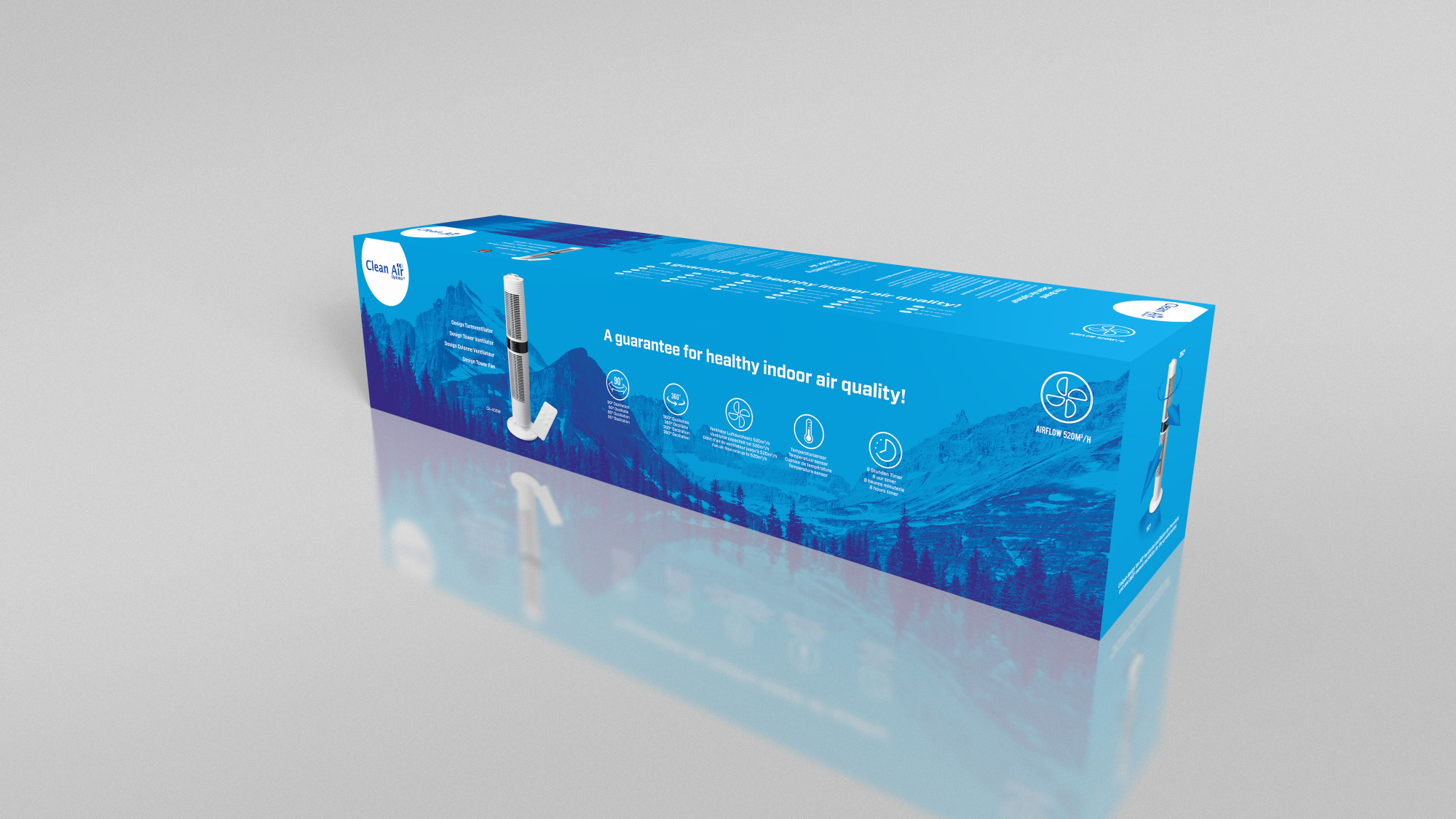 Boîte bleue avec texte et schémas, un purificateur d'air blanc en haut. Le texte comprend 'Clean Air' et 'qualité de l'air saine'.