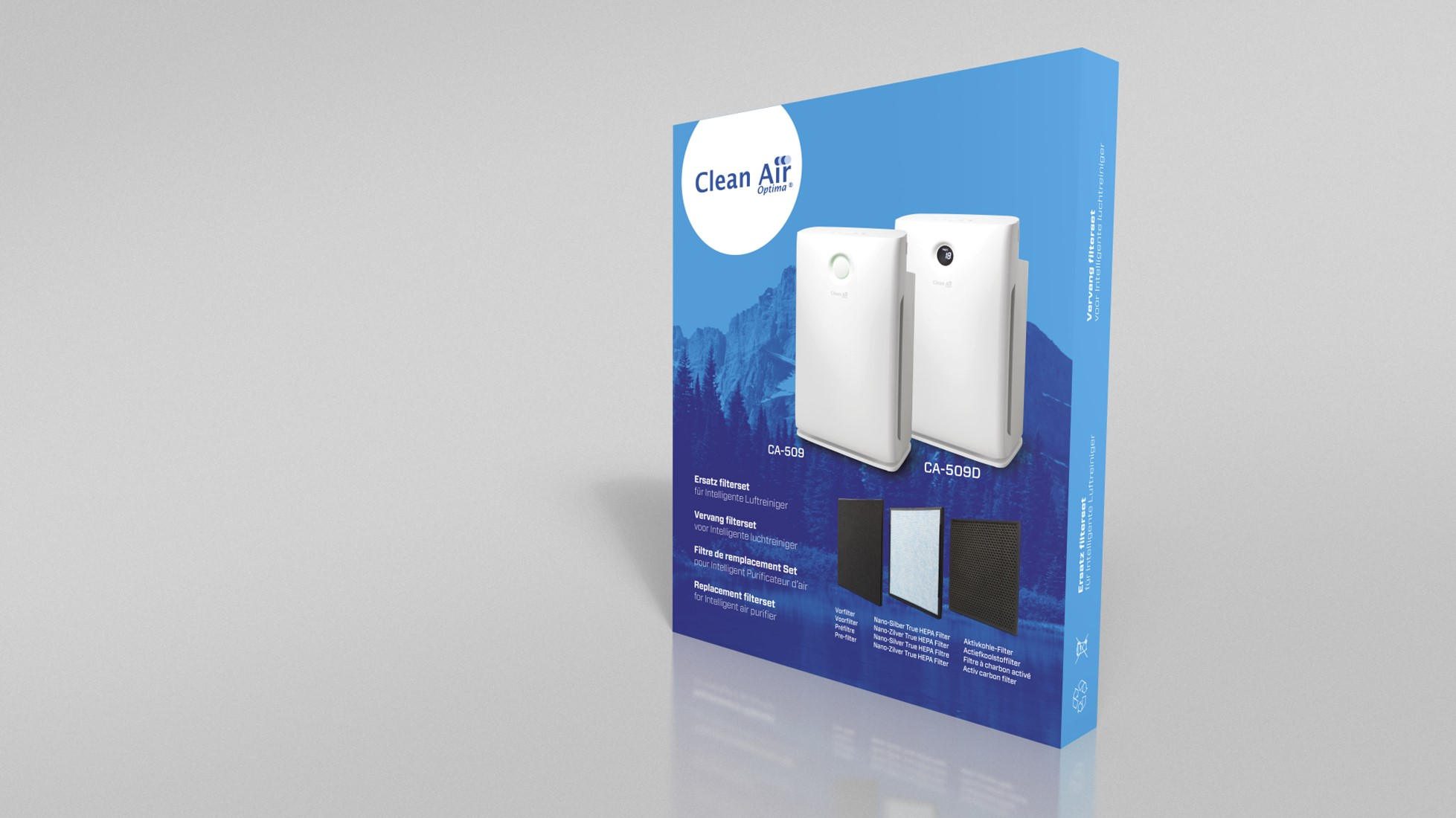 A product box showing two white air purifiers, filters, and the 'Clean Air Optima' logo against a blue background.