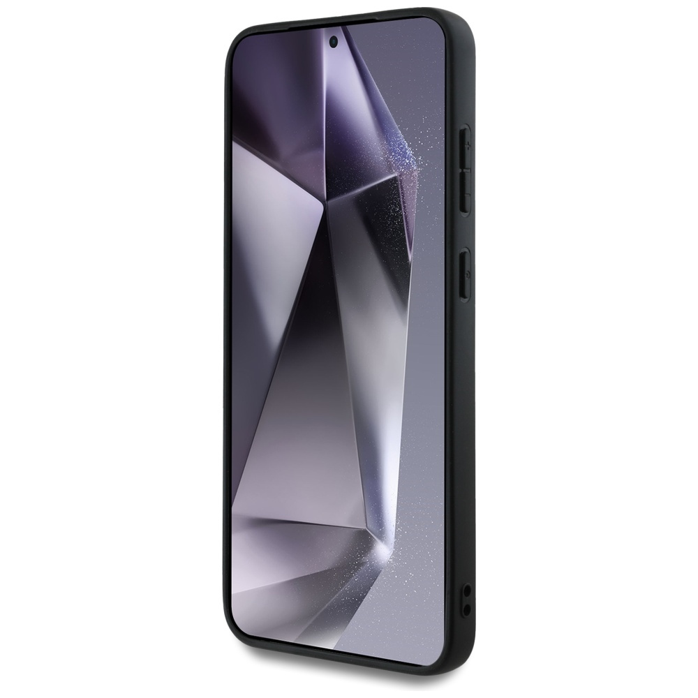 Uno smartphone nero con schermo scuro che mostra un motivo geometrico. Il telefono è in una custodia nera, con pulsanti laterali.