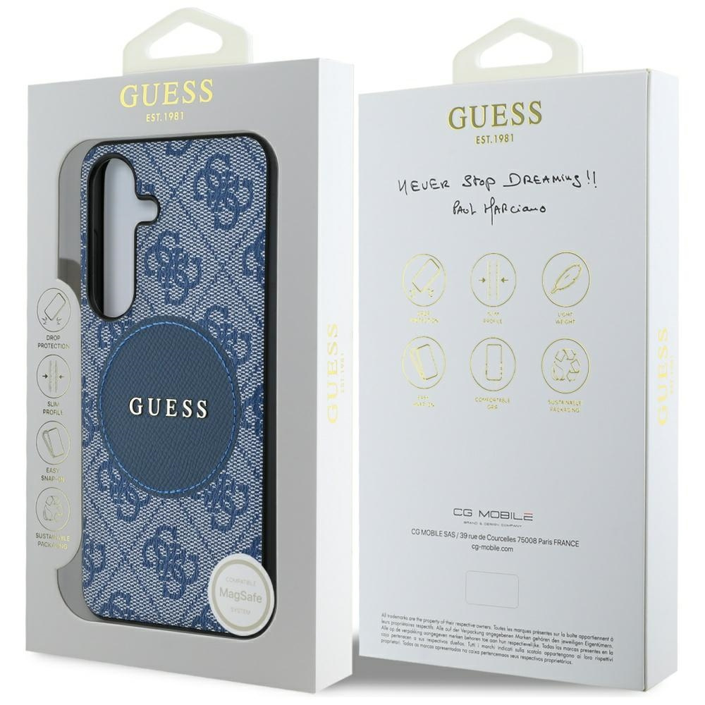 Etui na telefon w pudełku. Etui jest niebieskie z logo Guess. Pudełko jest białe z logo Guess.