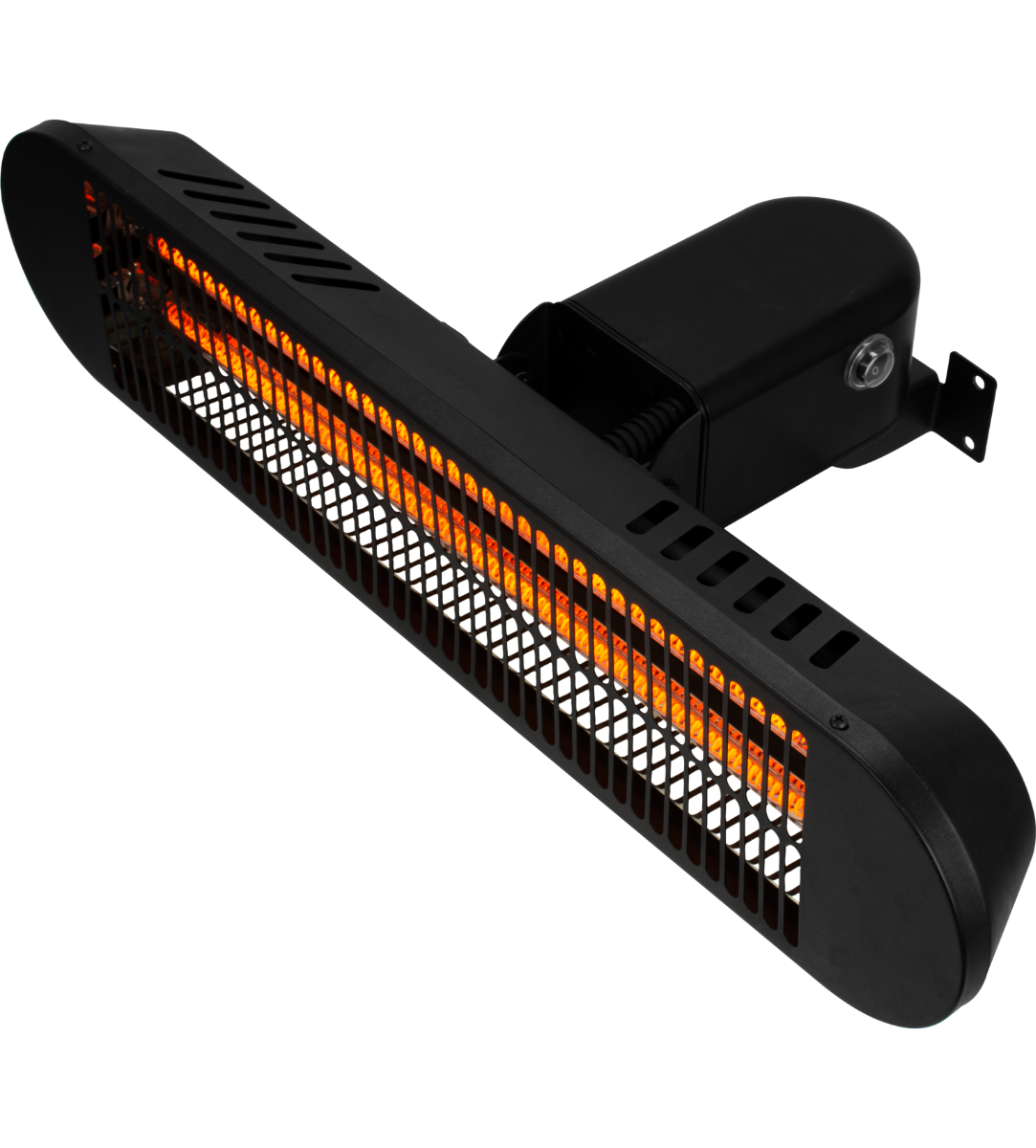 Un riscaldatore a infrarossi nero con elementi arancioni incandescenti. Montato su sfondo nero. Design rettangolare.