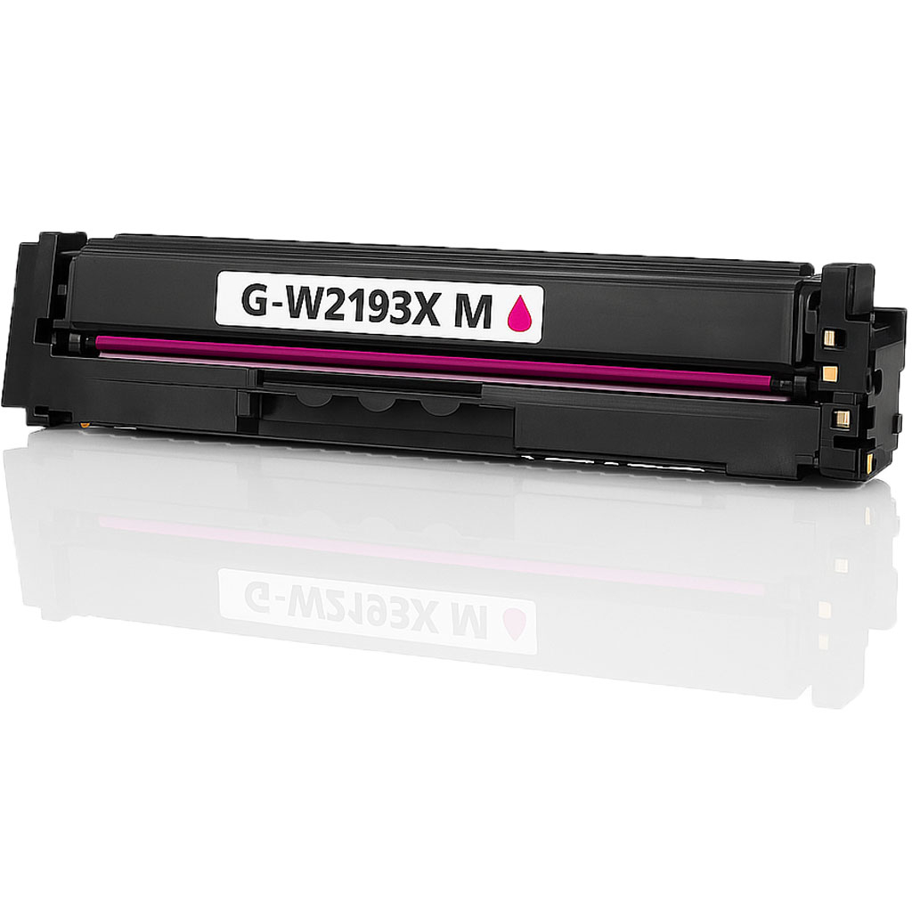 Eine schwarze Tonerkartusche mit der Aufschrift G-W2193X M, einer magentafarbenen Linie und einer reflektierenden Oberfläche.