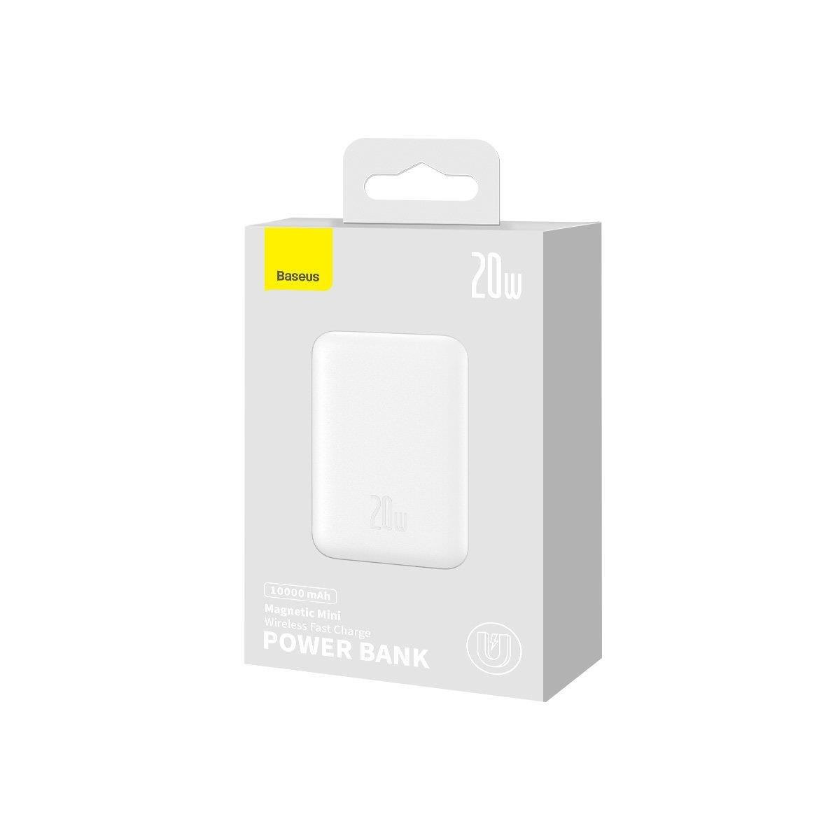 Białe pudełko power banku Baseus. Widnieje na nim napis 20w i Power Bank. Szczegóły obejmują 10000 mAh, Magnetic Mini i Wireless Fast Charge.