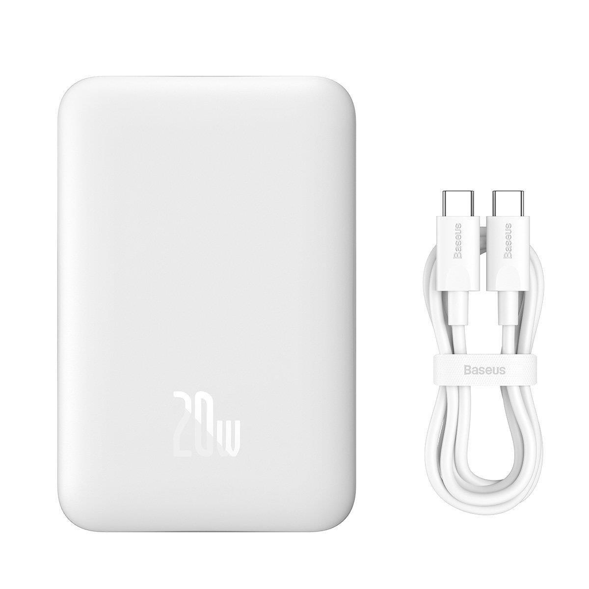 Biały power bank Baseus i kabel do ładowania na białym tle. Power bank ma nadruk 20W.