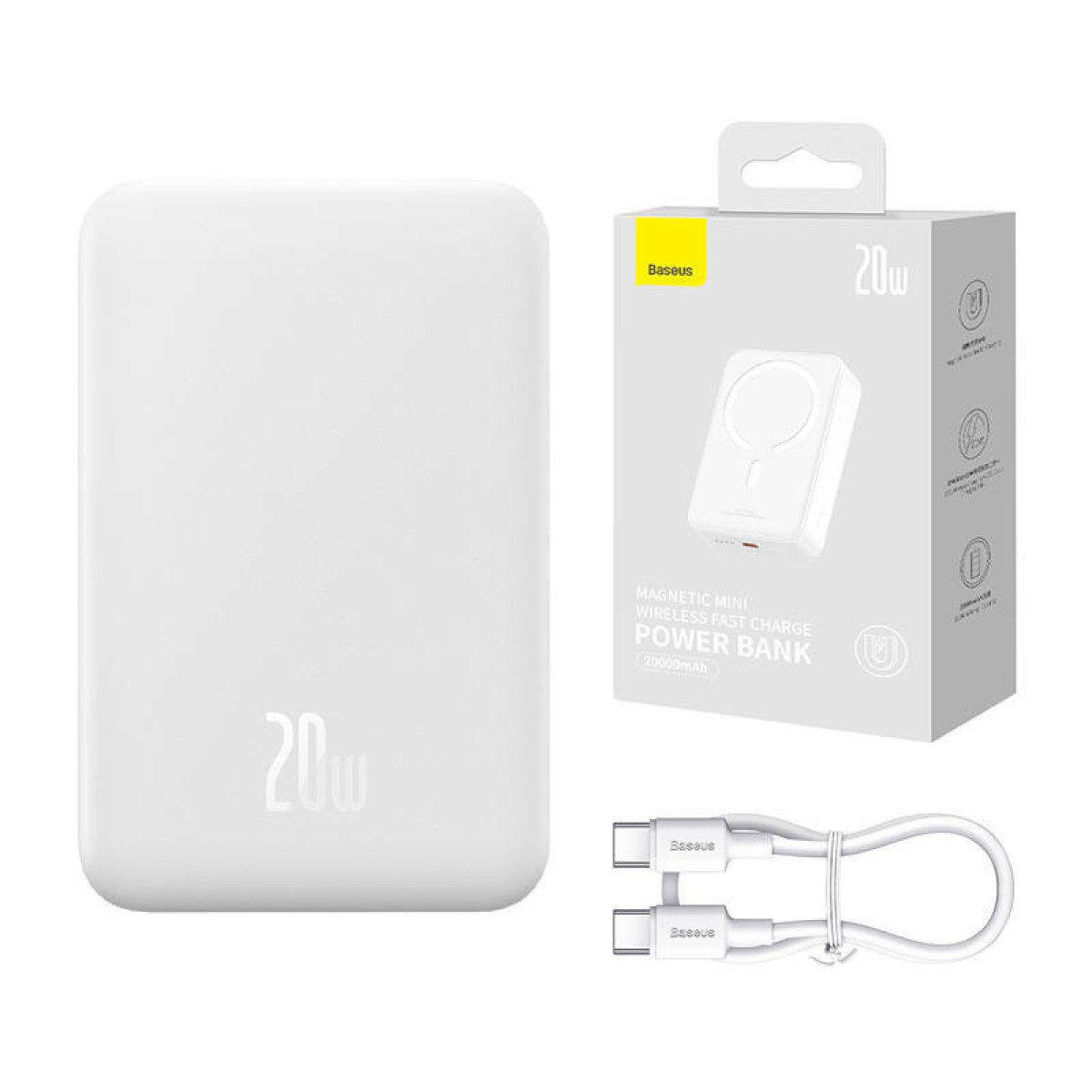 Un power bank Baseus 20W bianco, la sua scatola e un cavo di ricarica sono su una superficie bianca. Il power bank e la scatola hanno testo.