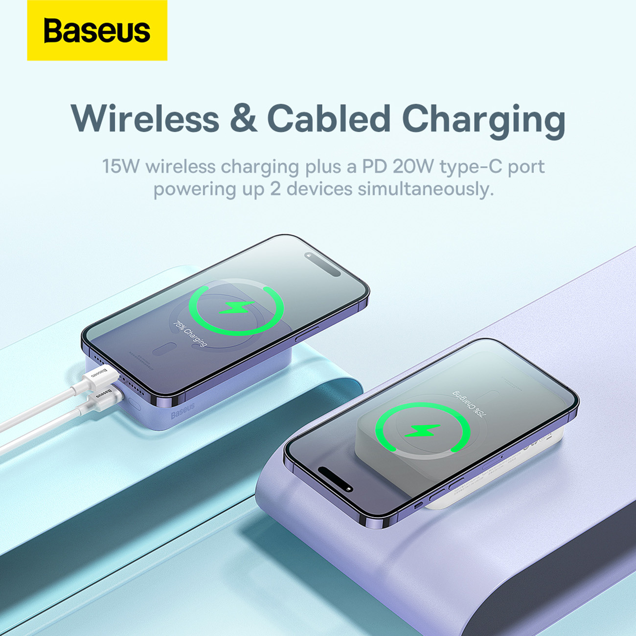 Due smartphone in carica su un caricatore wireless Baseus viola. I telefoni mostrano uno stato di carica del 75% con un fulmine verde.