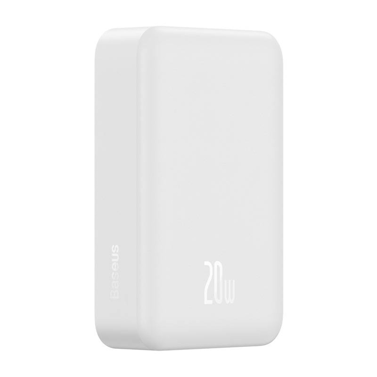 Un power bank Baseus bianco da 20W. Il logo Baseus è a sinistra, la potenza è a destra.