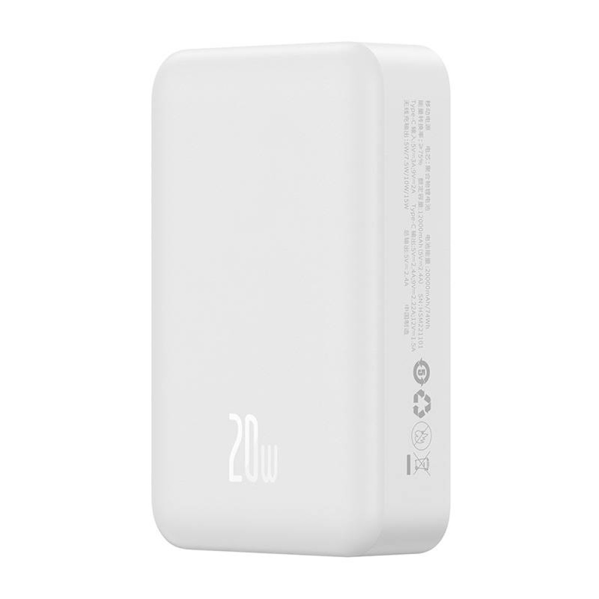 Power bank bianca con etichetta 20W. Dettagli testuali sul lato includono specifiche tecniche e certificazioni.