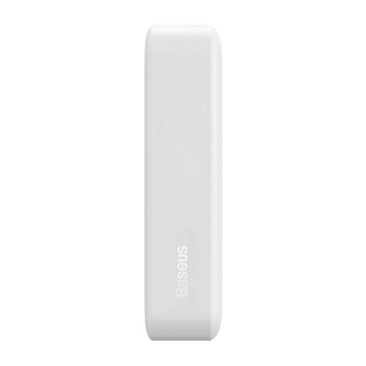 Un power bank Baseus bianco, rettangolare con bordi arrotondati. Il marchio è stampato in basso.
