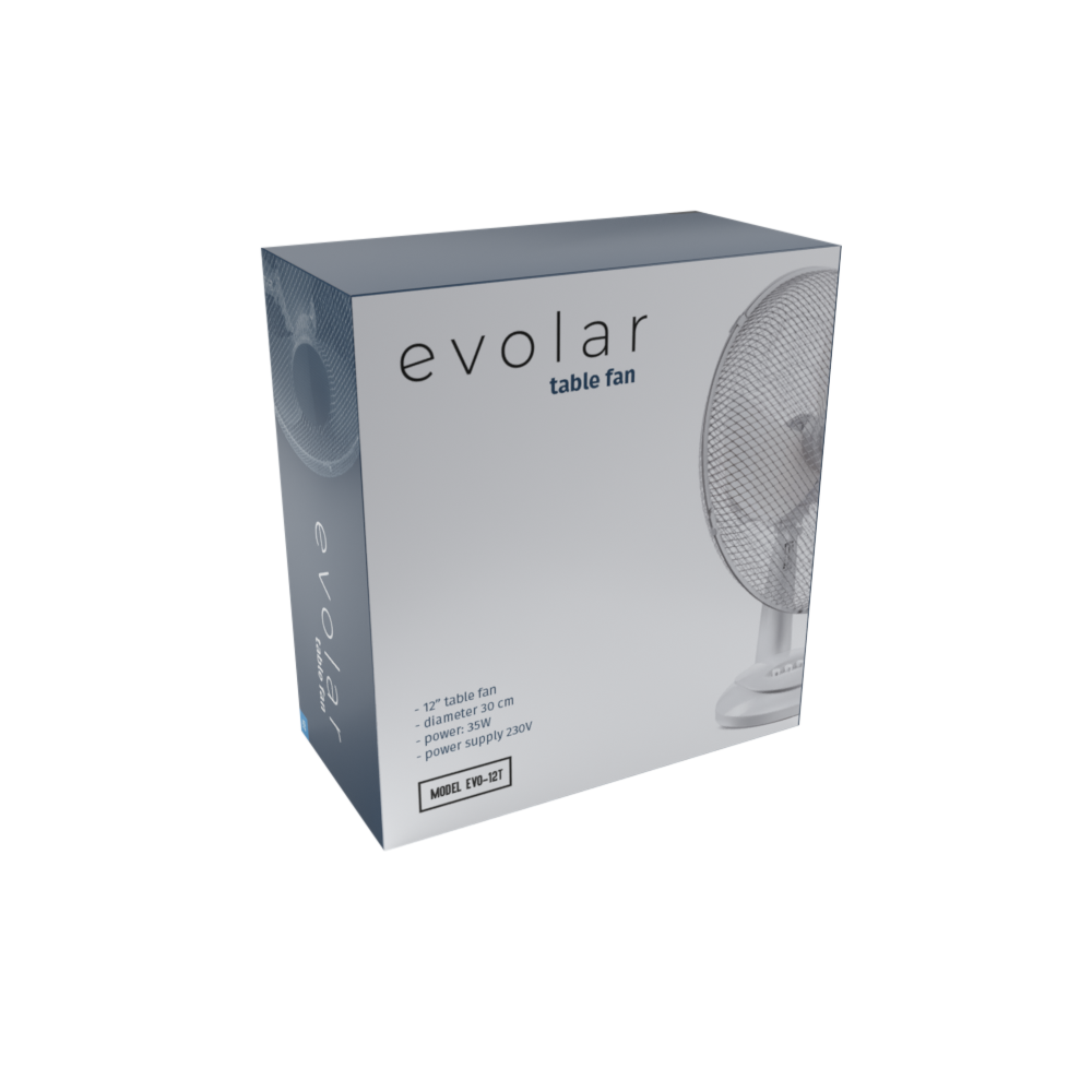 Box with a table fan on it. The box has the brand name 'evolar' and product specs.