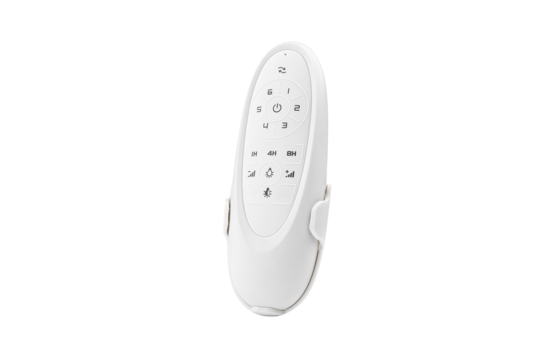 A white remote control with buttons, including power, light, and fan speed controls, against a black background.