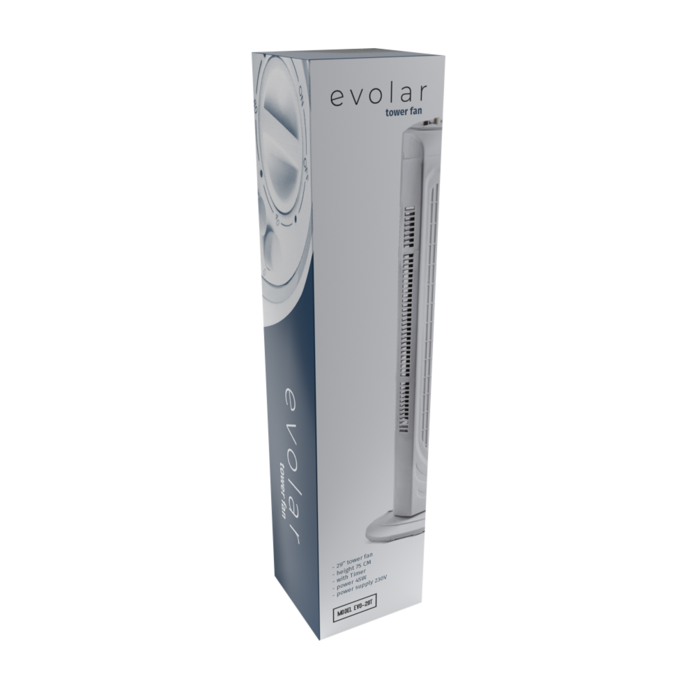 A white Evolar tower fan box. The box has a picture of the fan and details. It reads 'tower fan' and 'Evolar'.