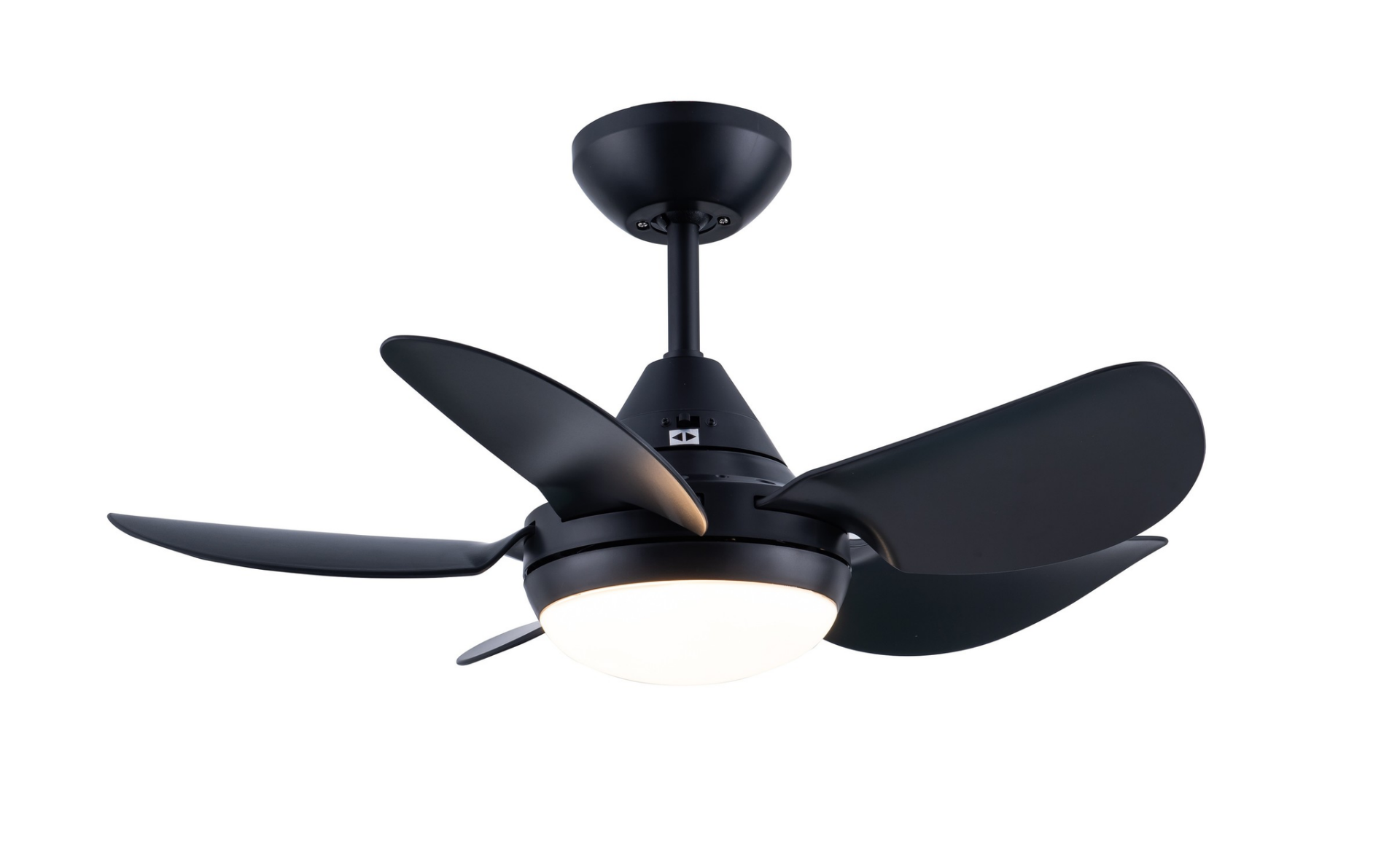 A black ceiling fan with three blades is centered against a white background. The fan has a light fixture.