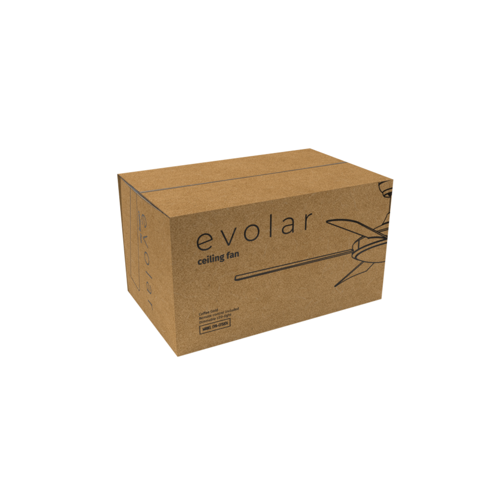 A brown cardboard box with the words "evolar ceiling fan" printed on it. It has a drawing of a ceiling fan and some text.