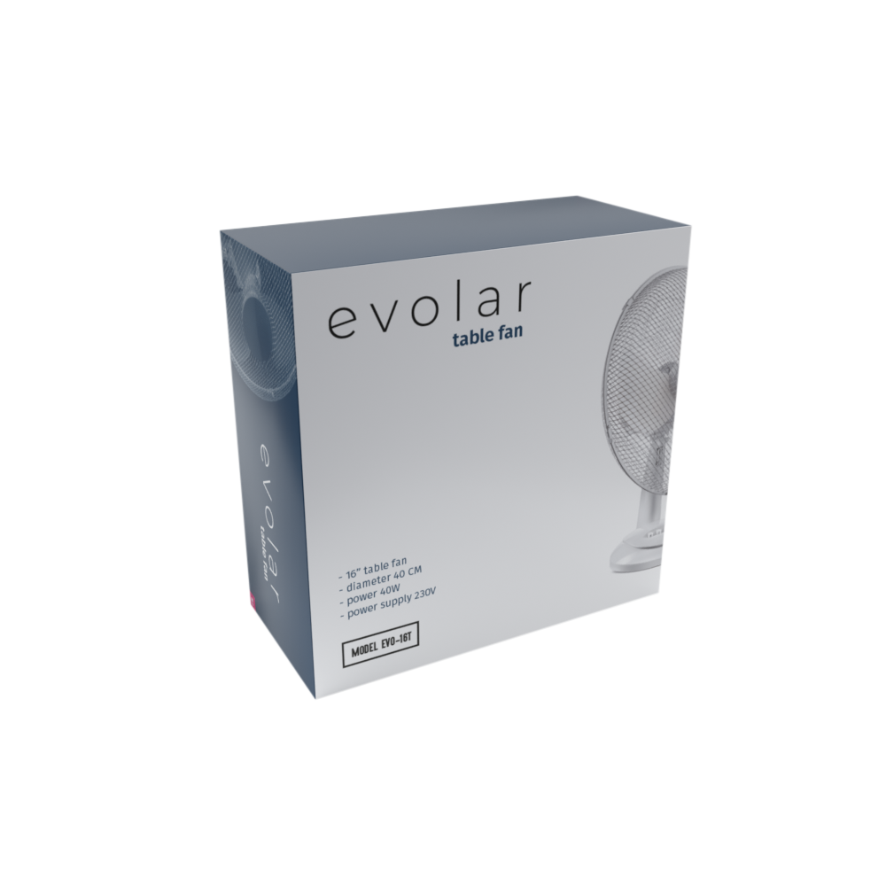 Doos van een 'Evolar' tafelventilator. Hij is wit en grijs en de ventilator is zichtbaar aan de rechterkant. Specificaties staan op de doos.