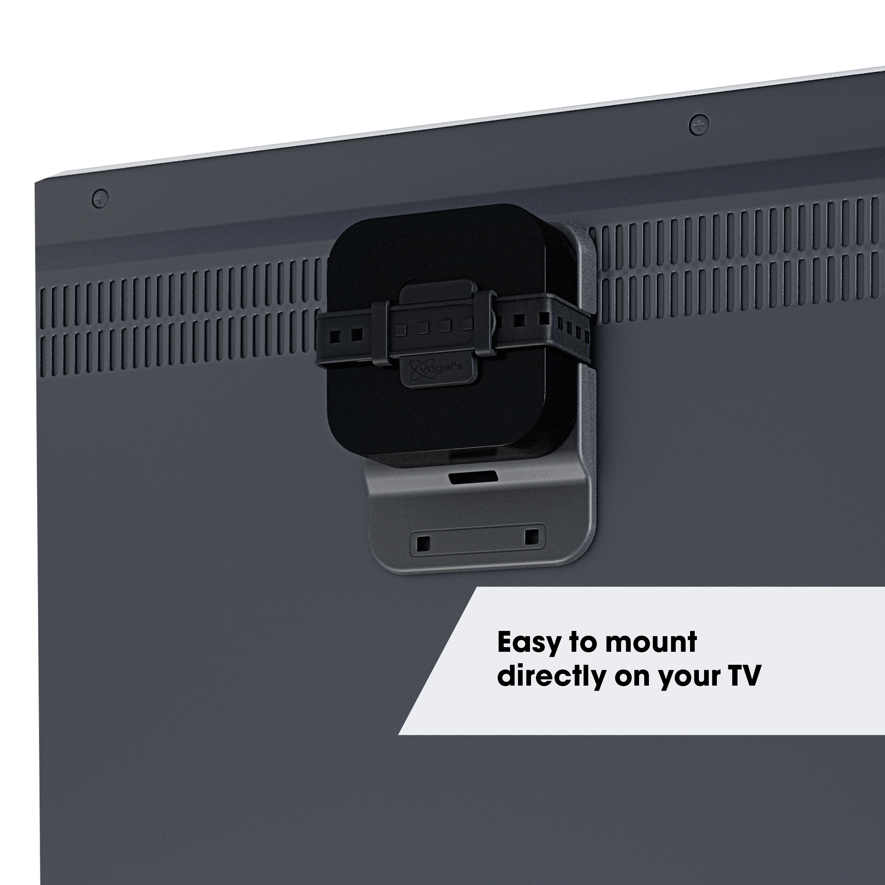 Ein schwarzes Gerät ist an einem Fernseher montiert. Es hat einen Gurt und eine Basis. Text lautet: „Einfache Montage direkt an Ihrem Fernseher“.