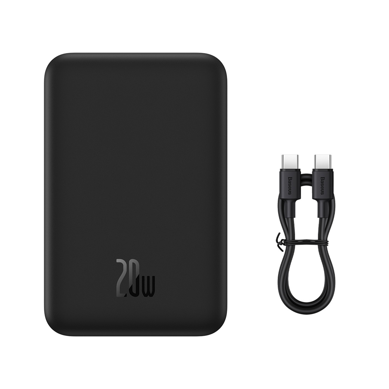 Czarny power bank z nadrukiem 20W, obok czarnego kabla USB-C.