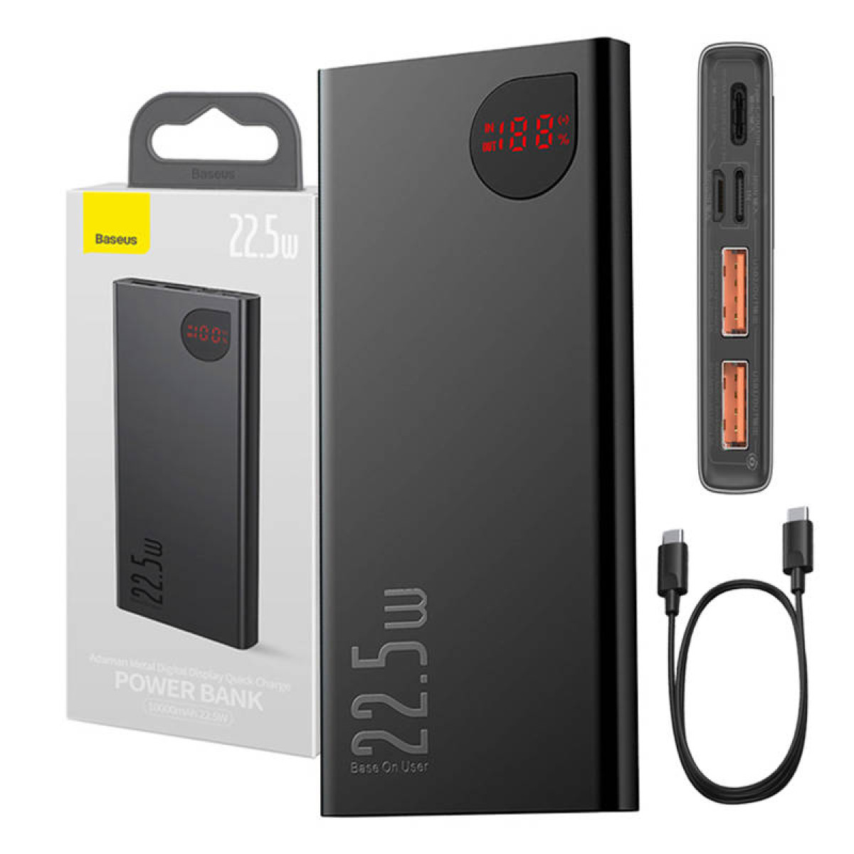 Czarny power bank z wyświetlaczem pokazującym 100%. Akcesoria: kabel i opakowanie. Marka Baseus.