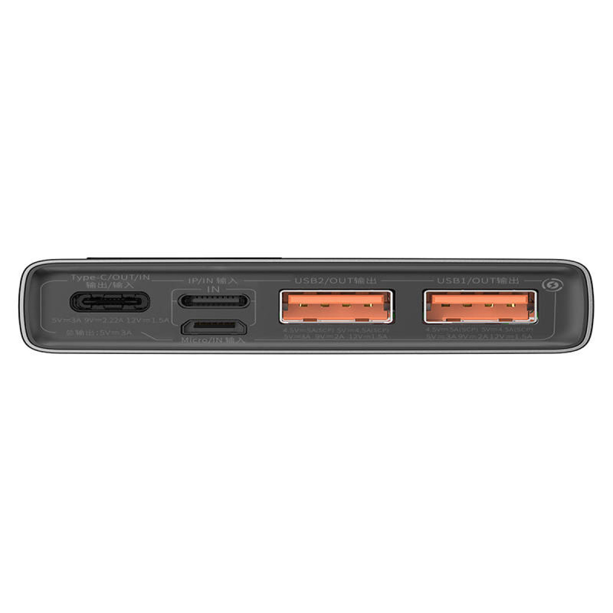 Czarny power bank z wieloma portami oznaczonymi jako Type-C, IP/IN, USB1/OUT i USB2/OUT. Tekst i specyfikacje są wydrukowane.
