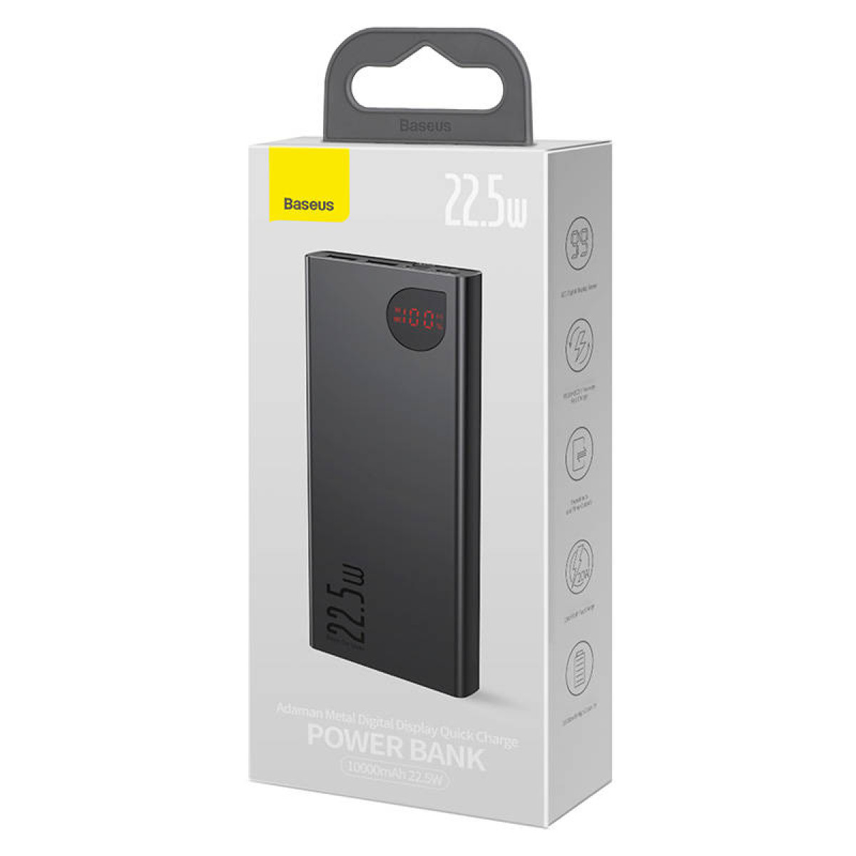Czarny power bank w opakowaniu. Pudełko jest białe, z nazwą marki Baseus. Wyświetla 22,5 W i inne szczegóły.