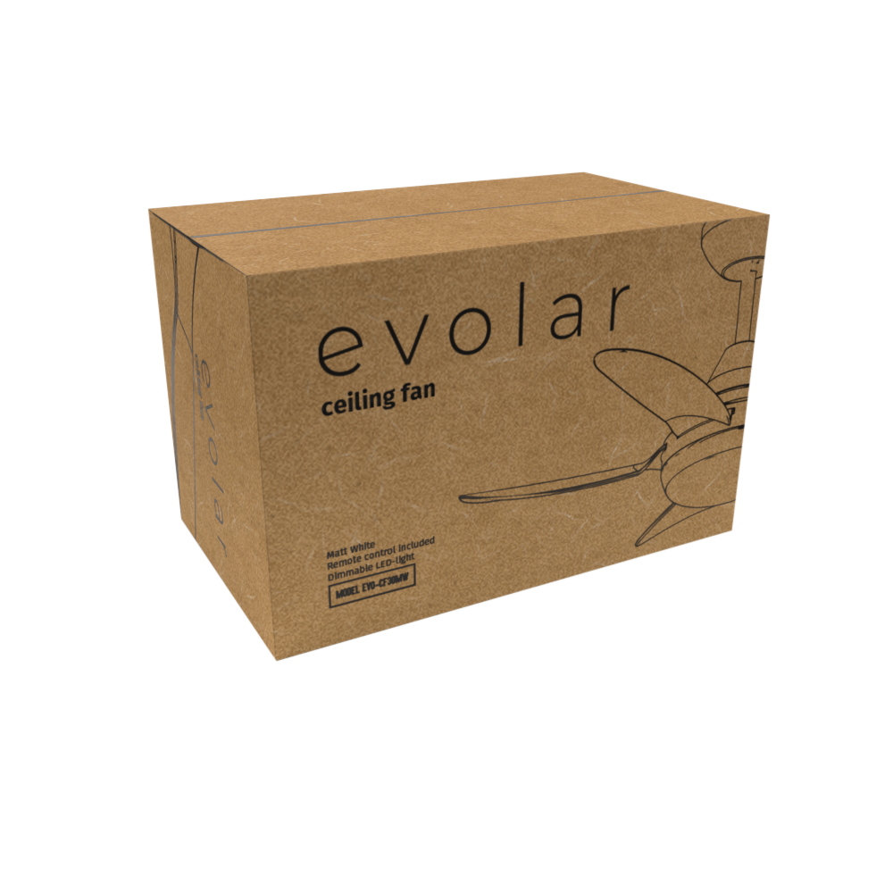 Scatola di cartone marrone con 'evolar ventilatore da soffitto'. Include 'Matt White' e dettagli del modello. Uno schizzo del ventilatore.