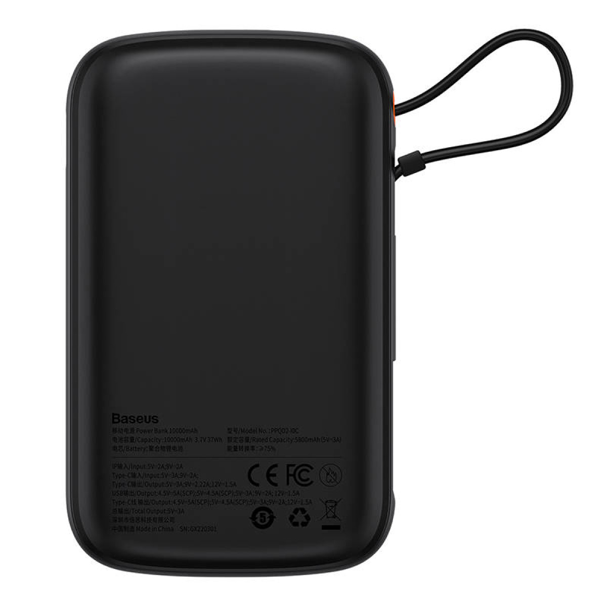 Czarny power bank Baseus z paskiem, szczegółami i certyfikatami. Tył ma tekst i ikony.