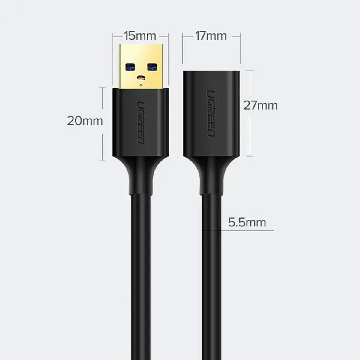 Dwa czarne kable USB UGREEN. Jeden to USB-A. Wymiary oznaczone: 15mm, 17mm, 20mm, 27mm i 5,5mm.