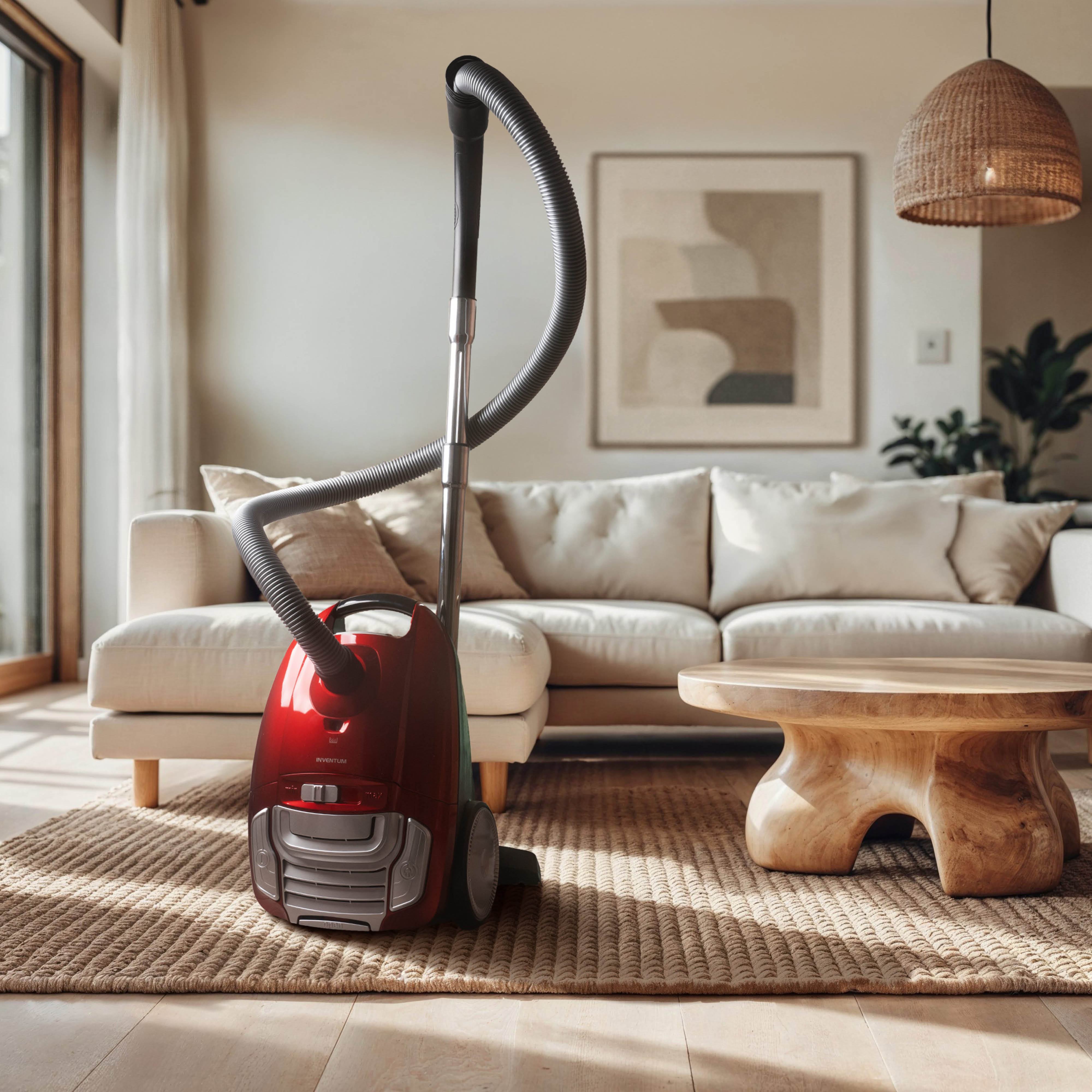 Een rode en zilveren stofzuiger staat in een woonkamer met een beige bank, tapijt en houten tafel.