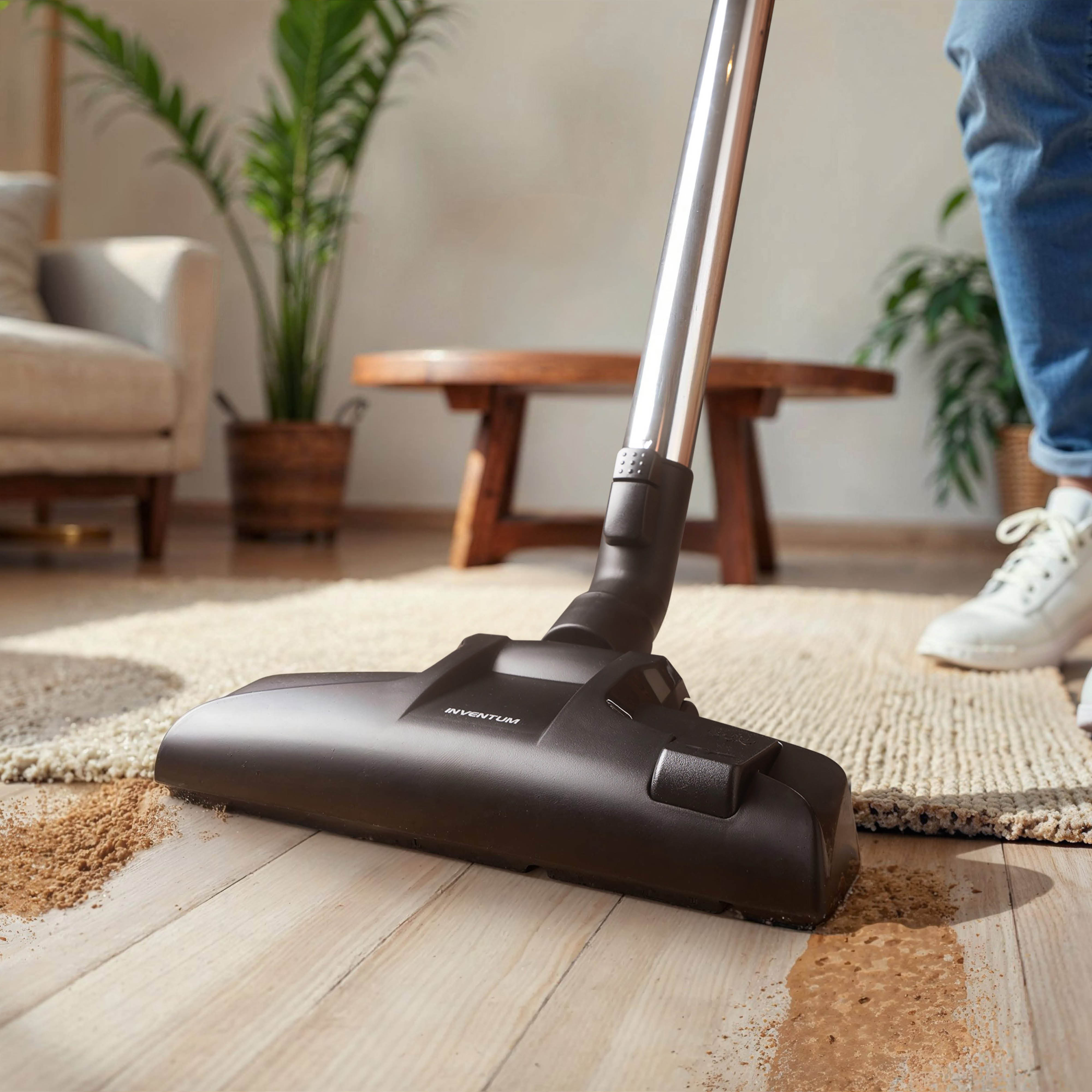 Een stofzuiger maakt vuil schoon op een houten vloer. Een persoon in spijkerbroek en witte schoenen is in de buurt. Planten en meubels zijn zichtbaar.