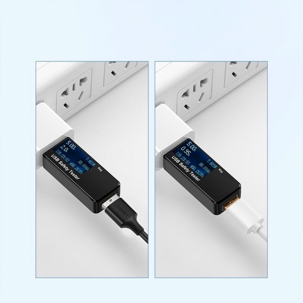 Dwa testery bezpieczeństwa USB podłączone do gniazdek. Jeden ma czarny kabel, drugi biały.