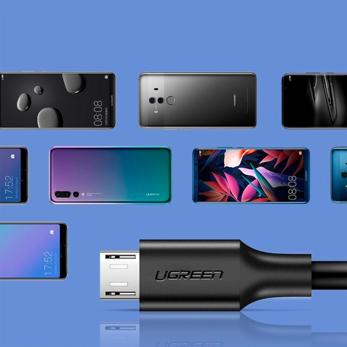 Kilka smartfonów ułożonych na niebieskim tle. Kabel USB z przodu, widoczne słowo UGREEN.