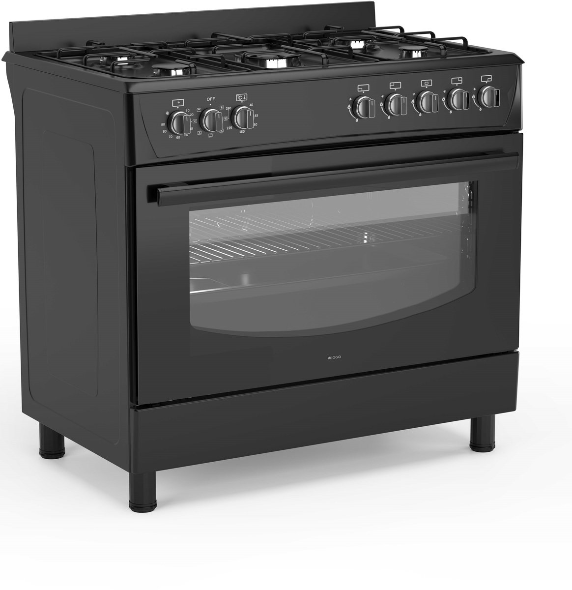 Een zwart gasfornuis met oven. Het fornuis heeft vier branders en bedieningsknoppen. De ovendeur is van glas.