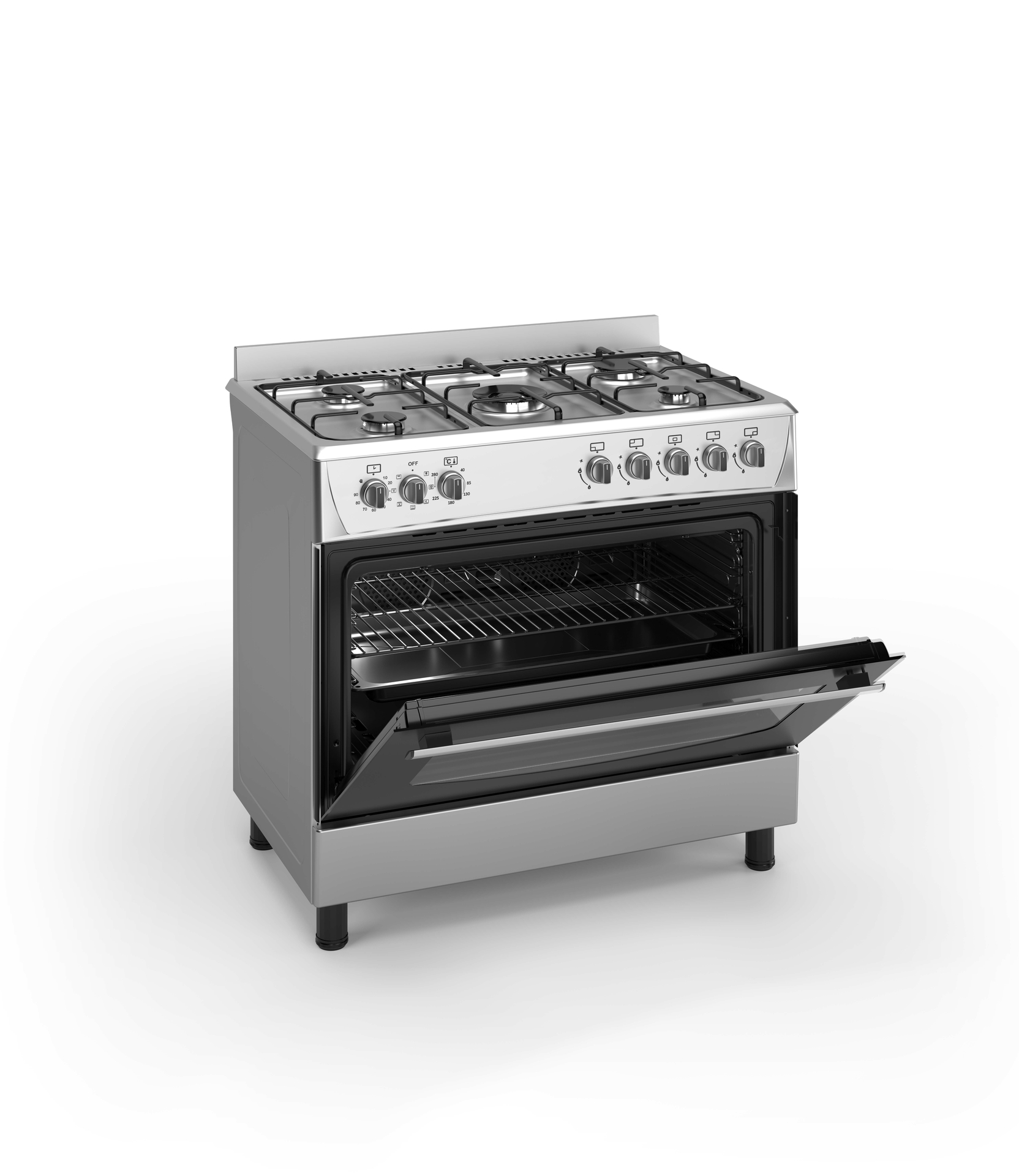 A stainless steel oven with the door open, revealing the oven racks. Four burners on top. Isolated on white.