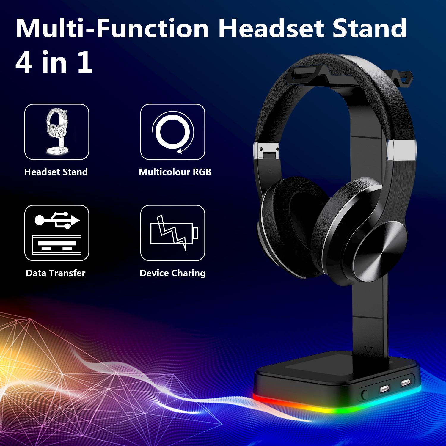 Ein Headset-Ständer mit Kopfhörern. Der Ständer hat eine leuchtende RGB-Basis. Symbole: Headset, RGB, Datenübertragung und Aufladen.