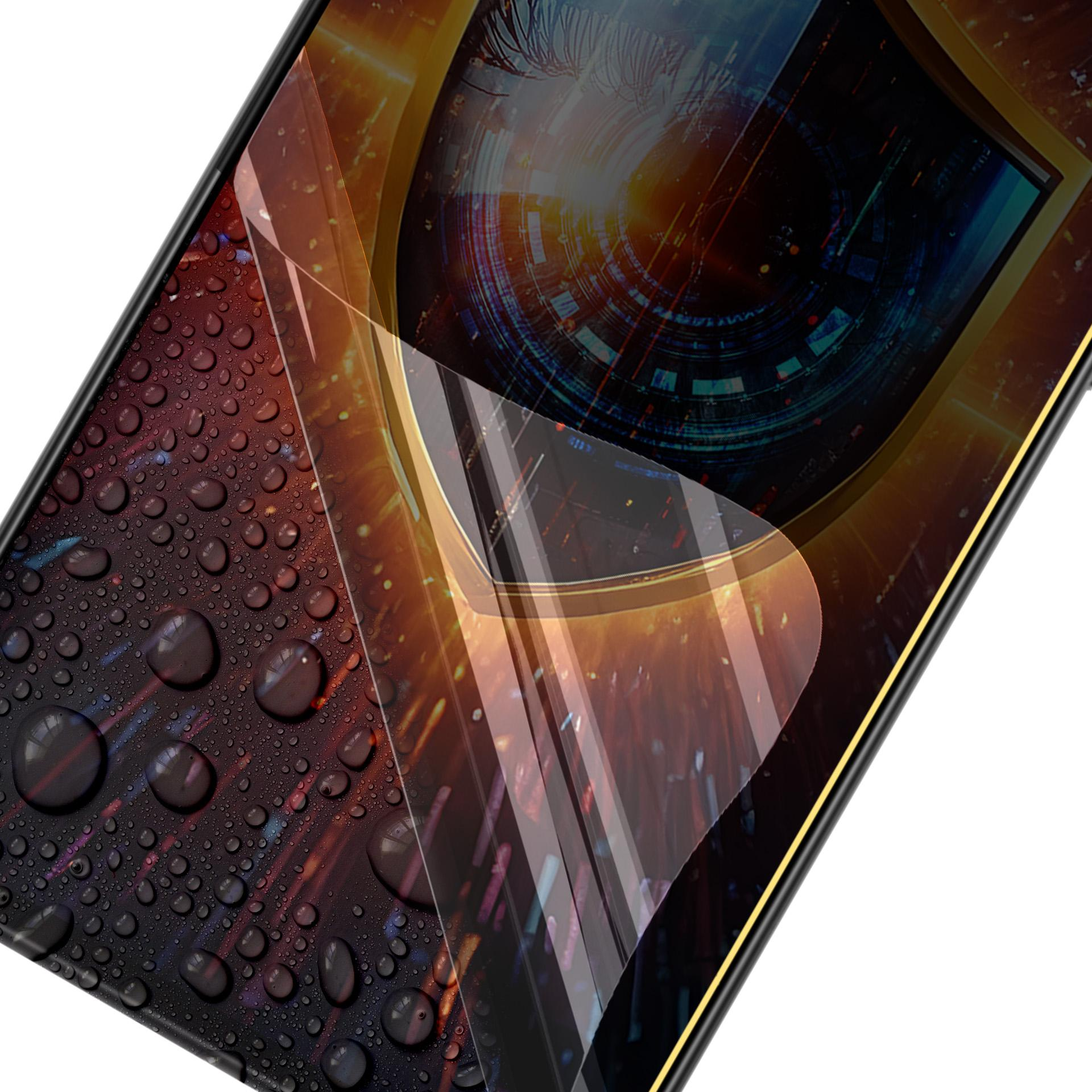 Ochraniacz ekranu telefonu z kroplami wody. Obraz oka w tle. Czarna i złota ramka. Futuristyczny design.