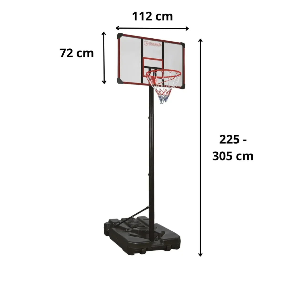 A basketball hoop with a white backboard, red rim, and net. It stands on a black base with a pole. Measurements are shown.