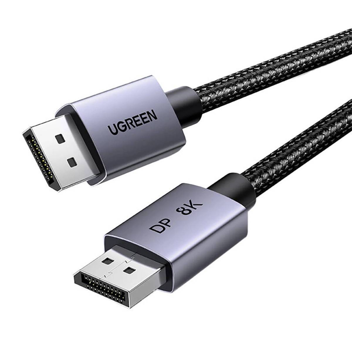 Dwa kable DisplayPort UGREEN. Jeden ma tekst UGREEN, drugi DP 8K. Oba mają czarne plecione kable i srebrne złącza.