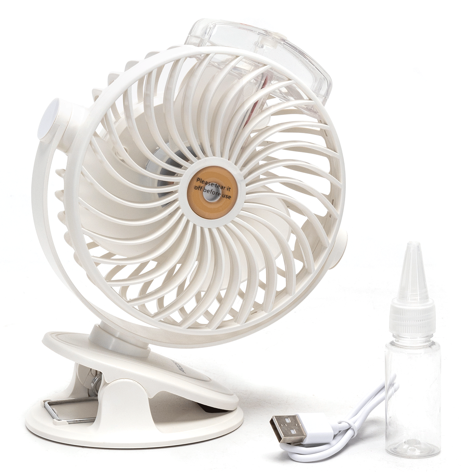 Ventilador blanco con clip, botella y cable USB. El ventilador tiene cubierta protectora y etiqueta.