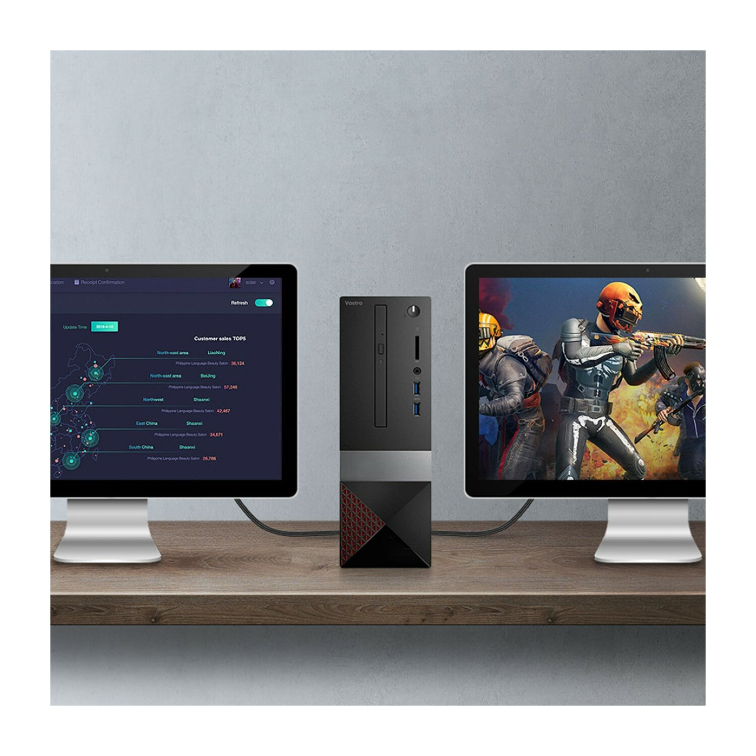 Konfiguracja komputera stacjonarnego z dwoma monitorami wyświetlającymi informacje i scenę z gry, z procesorem pośrodku.