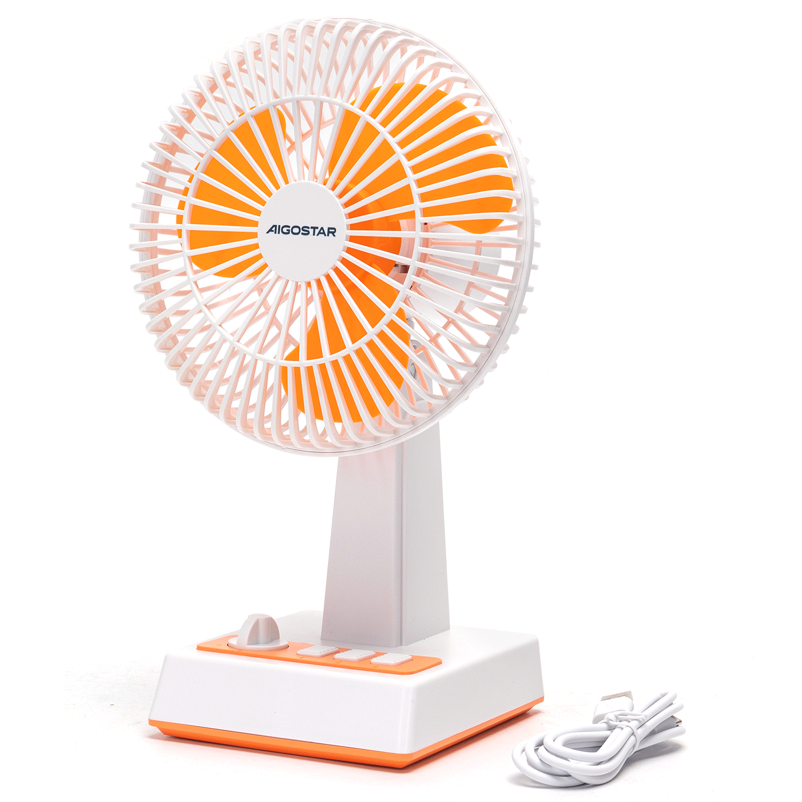 Un ventilador de escritorio Aigostar blanco y naranja. Tiene un cabezal circular, aspas naranjas y una base blanca.