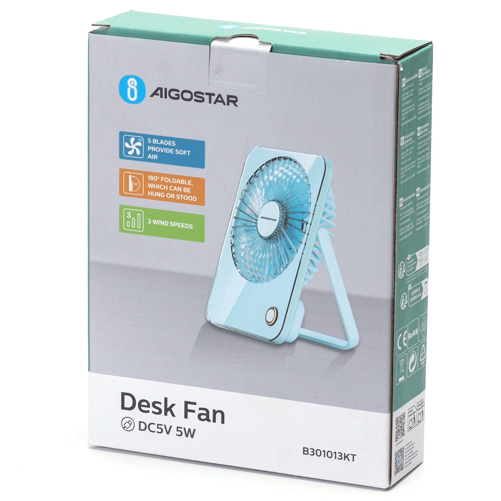 Ventilador de escritorio Aigostar en caja, color azul claro, con 5 aspas, plegable. Características: 3 velocidades, DC5V 5W.
