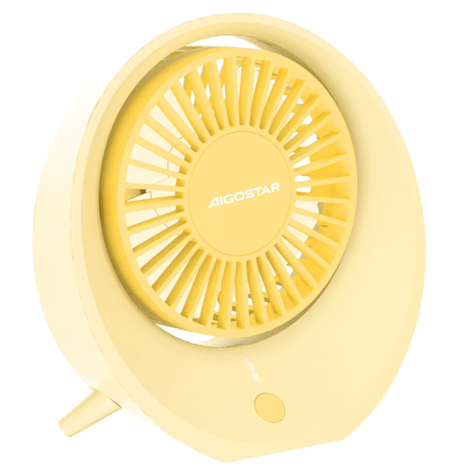 Un ventilatore da scrivania Aigostar giallo. Ha una cornice circolare, una pala e un piccolo supporto. Lo sfondo è bianco.