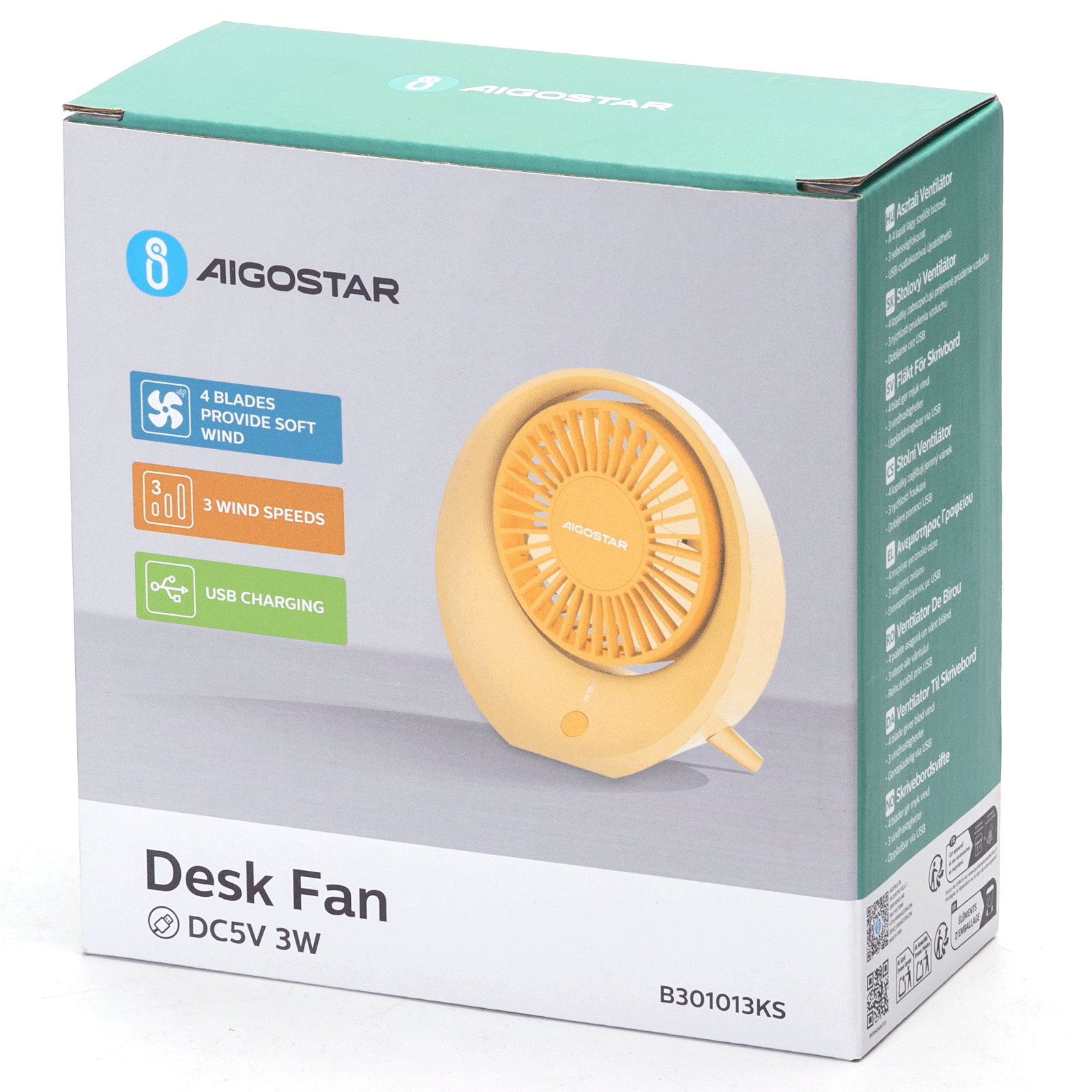 Ventilatore da scrivania in scatola con logo AIGOSTAR. Ha 4 pale, 3 velocità e ricarica USB. Il ventilatore è giallo.