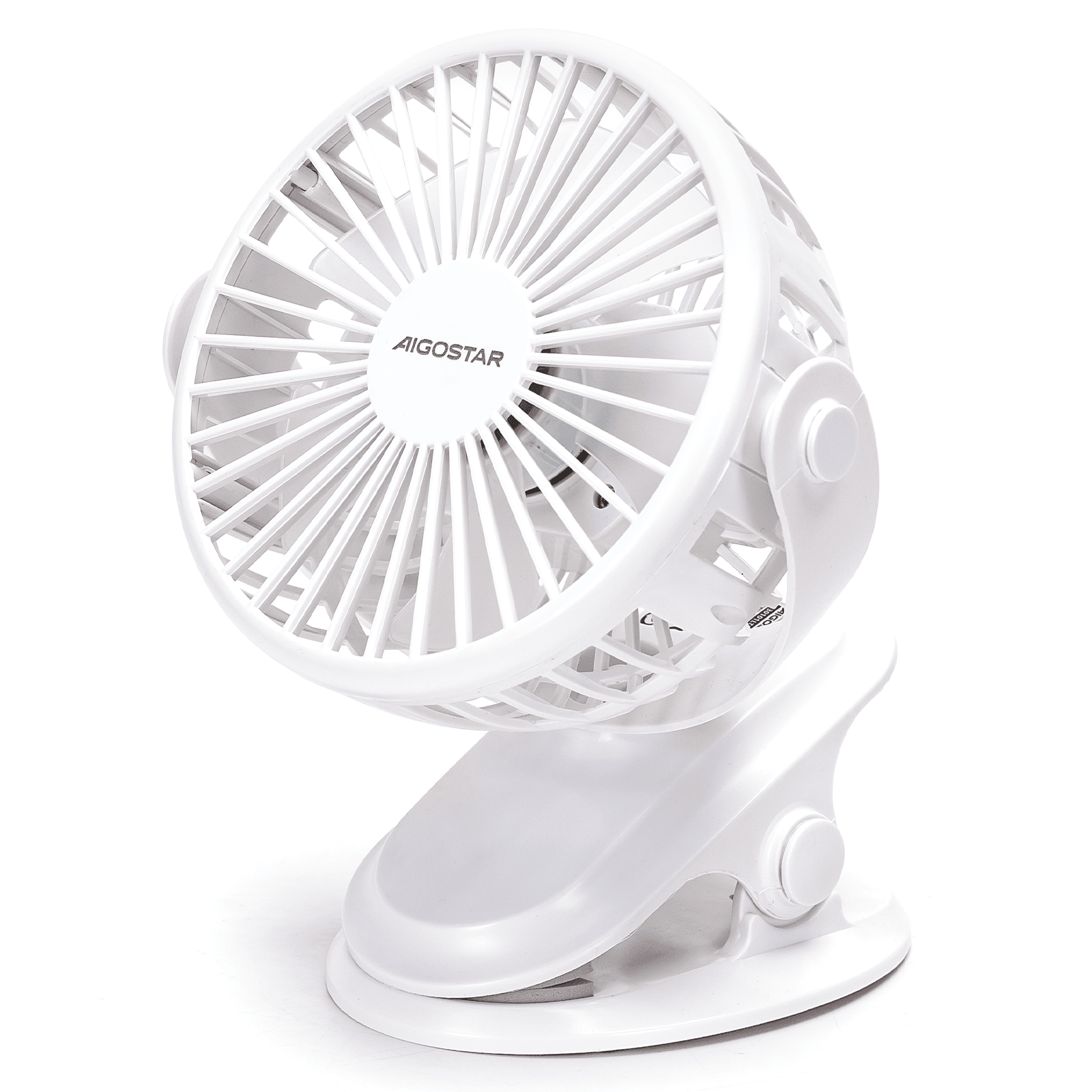 Un ventilatore bianco portatile a clip. Il ventilatore ha una gabbia con pale e una base con clip. Il marchio è Aigostar.