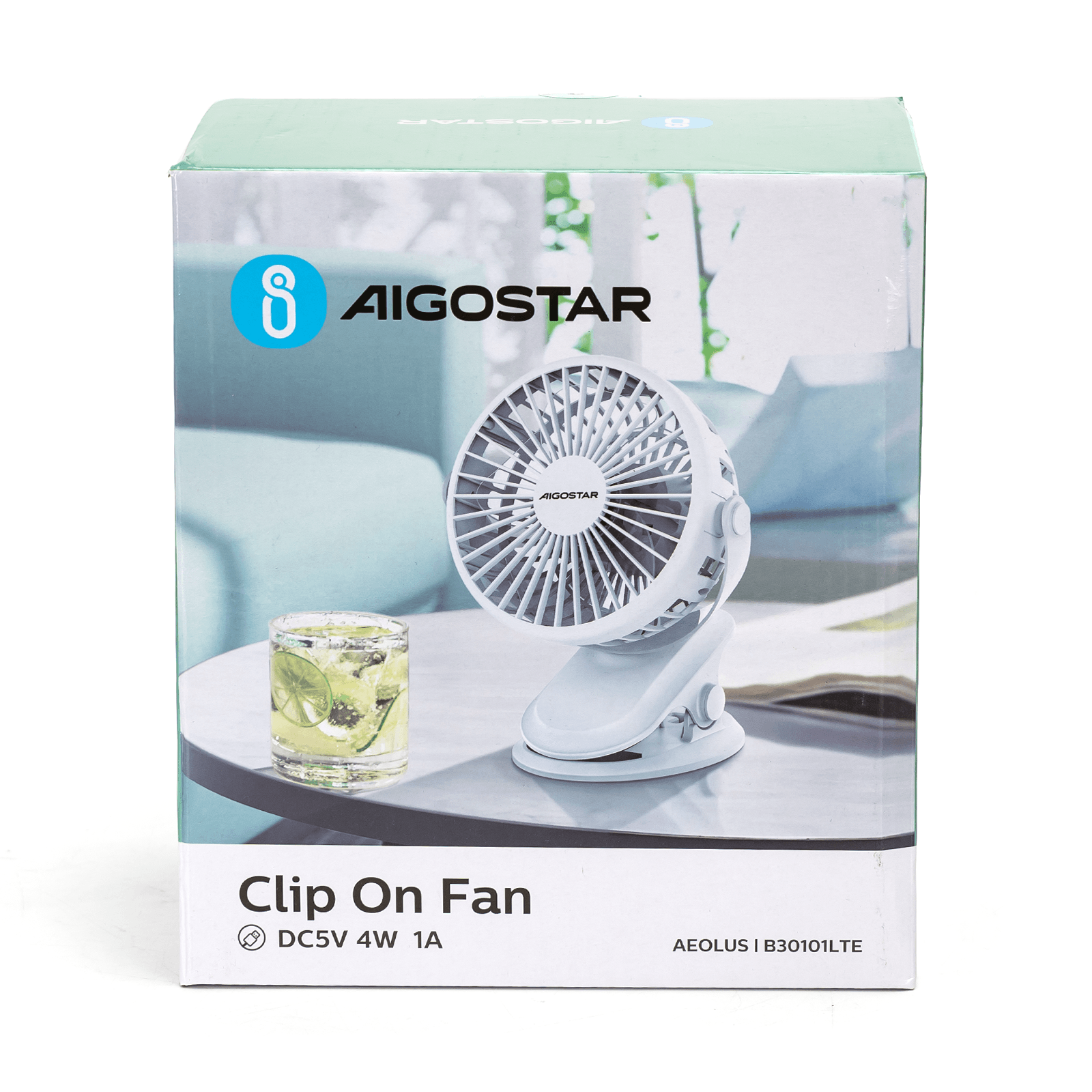 Scatola con ventola a clip bianca, bicchiere con bevanda. Il marchio è Aigostar. Testo: Clip On Fan, DC5V 4W 1A.