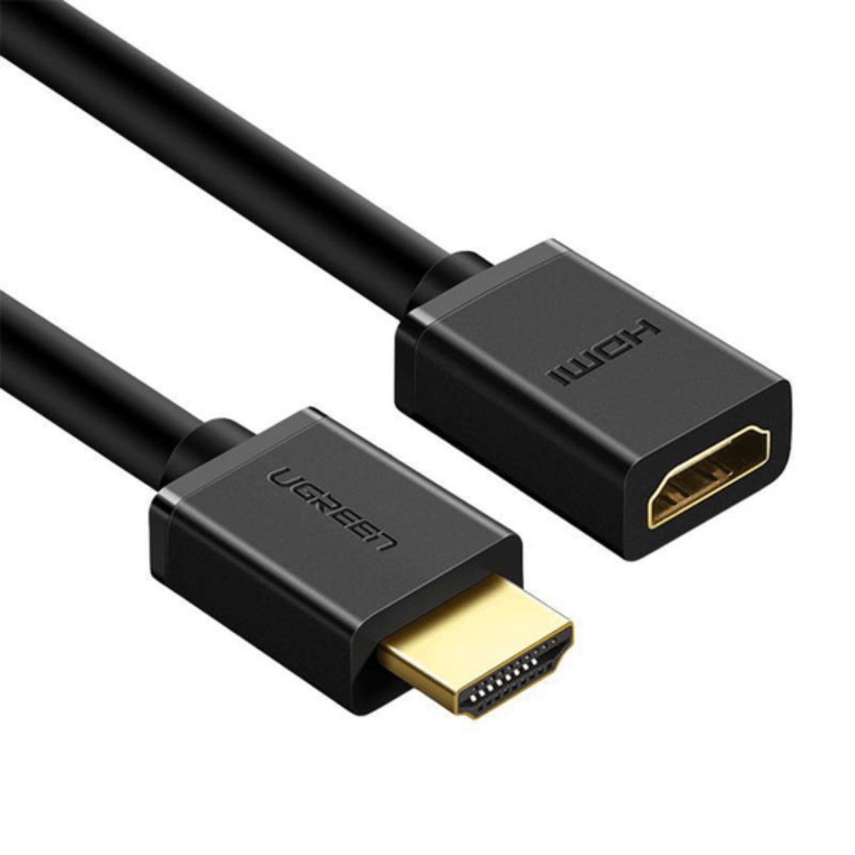 Czarny kabel HDMI. Widoczne logo UGREEN i HDMI. Złącza w kolorze złotym.