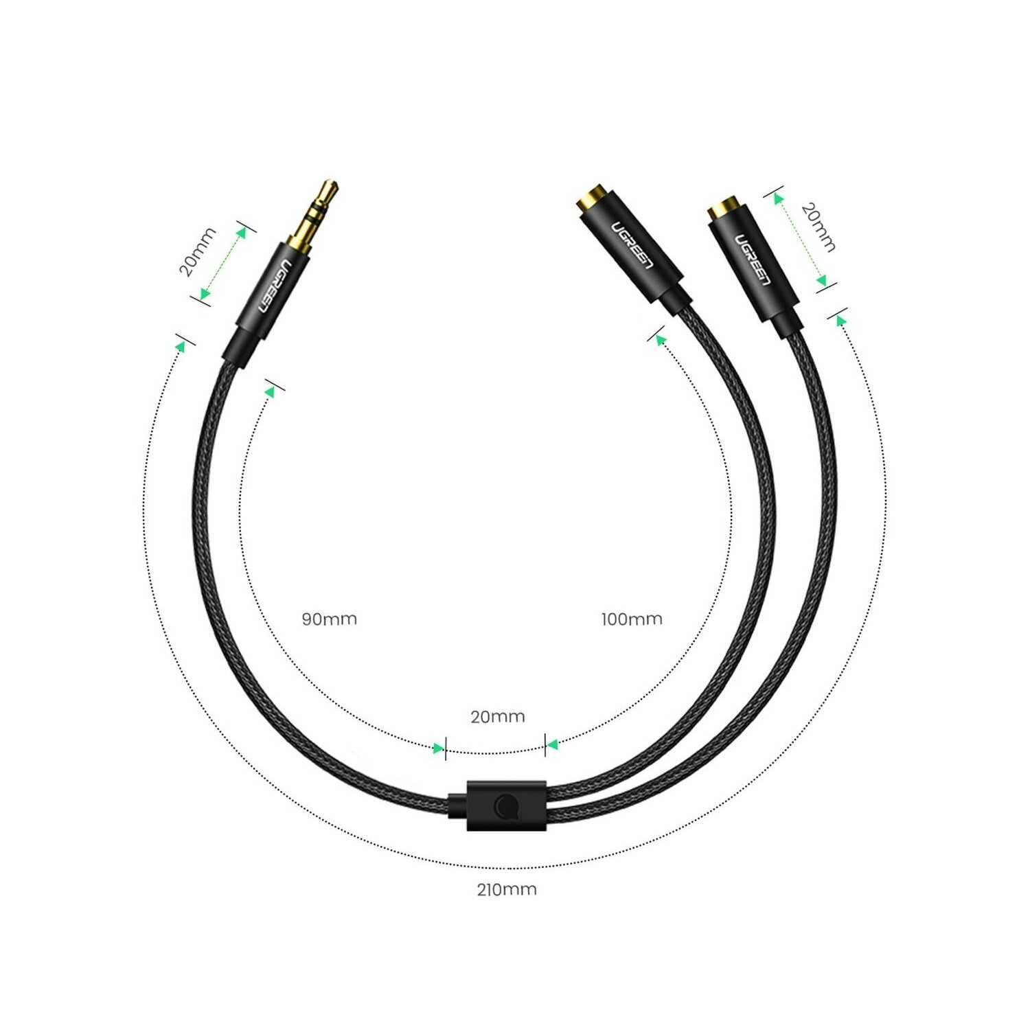 Czarny kabel rozdzielający audio UGREEN z wtykiem 3,5 mm i dwoma portami żeńskimi 3,5 mm. Wymiary są wskazane.